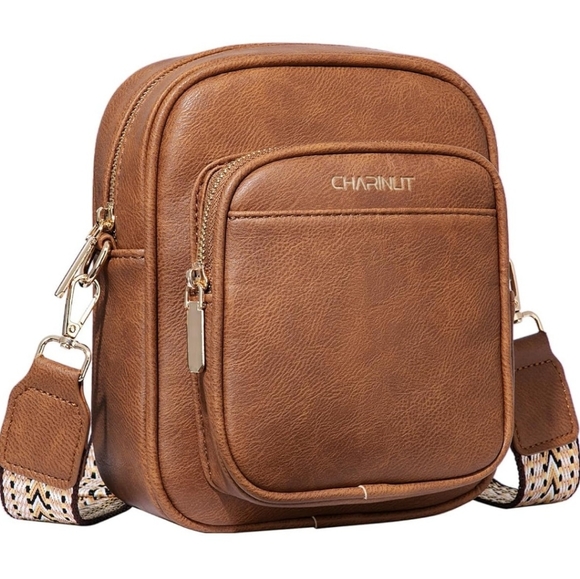 Women's Crossbody Purse Embroidered Vegan Leather Oblong Brown Boho Adjustable - Picture 1 of 12